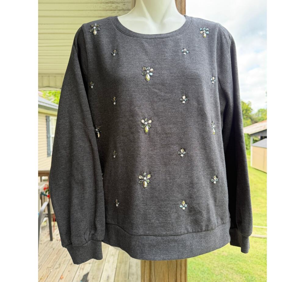 J.Crew Gray Jeweled Sweatshirt S Coquette Cozy Glam Preppy Chic Academia Classic